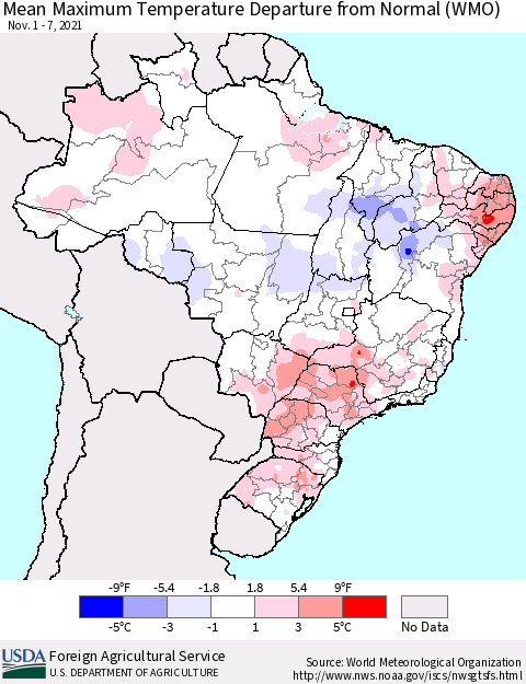Brazil Mean Maximum Temperature Departure from Normal (WMO) Thematic Map For 11/1/2021 - 11/7/2021
