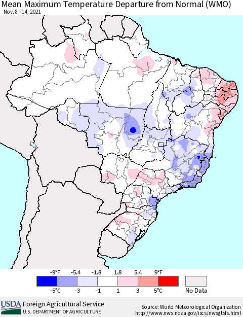 Brazil Mean Maximum Temperature Departure from Normal (WMO) Thematic Map For 11/8/2021 - 11/14/2021