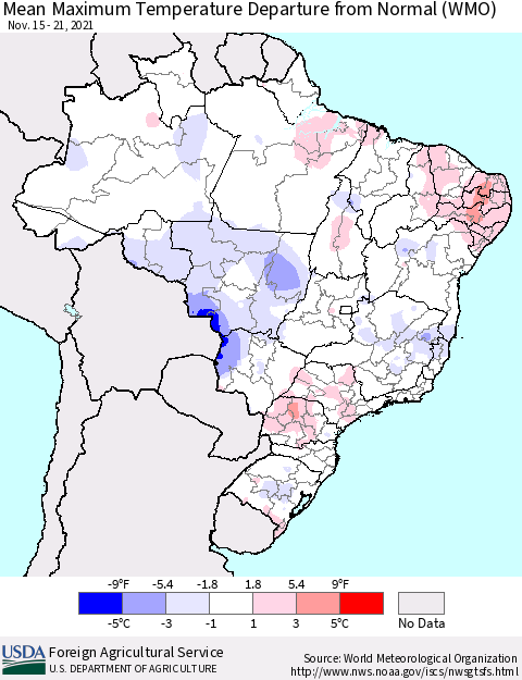 Brazil Mean Maximum Temperature Departure from Normal (WMO) Thematic Map For 11/15/2021 - 11/21/2021