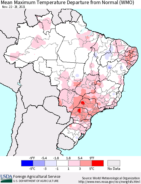Brazil Mean Maximum Temperature Departure from Normal (WMO) Thematic Map For 11/22/2021 - 11/28/2021