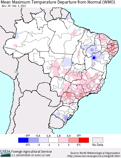 Brazil Mean Maximum Temperature Departure from Normal (WMO) Thematic Map For 11/29/2021 - 12/5/2021