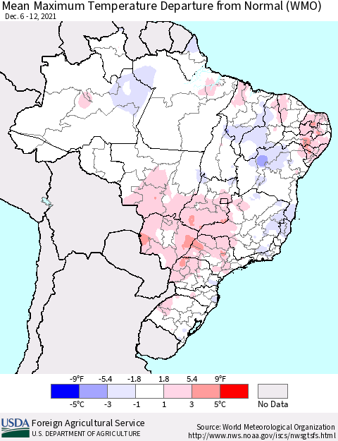 Brazil Mean Maximum Temperature Departure from Normal (WMO) Thematic Map For 12/6/2021 - 12/12/2021