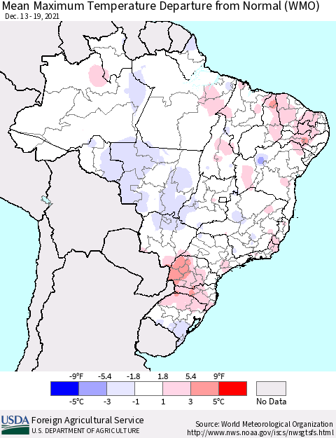 Brazil Mean Maximum Temperature Departure from Normal (WMO) Thematic Map For 12/13/2021 - 12/19/2021