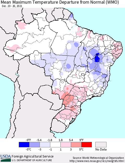 Brazil Mean Maximum Temperature Departure from Normal (WMO) Thematic Map For 12/20/2021 - 12/26/2021