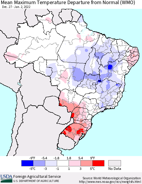 Brazil Mean Maximum Temperature Departure from Normal (WMO) Thematic Map For 12/27/2021 - 1/2/2022