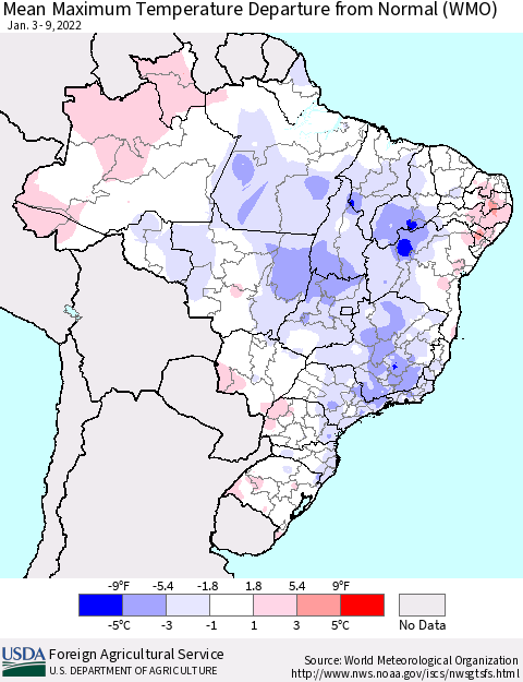 Brazil Mean Maximum Temperature Departure from Normal (WMO) Thematic Map For 1/3/2022 - 1/9/2022
