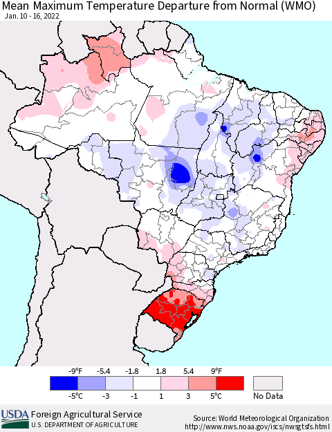 Brazil Mean Maximum Temperature Departure from Normal (WMO) Thematic Map For 1/10/2022 - 1/16/2022
