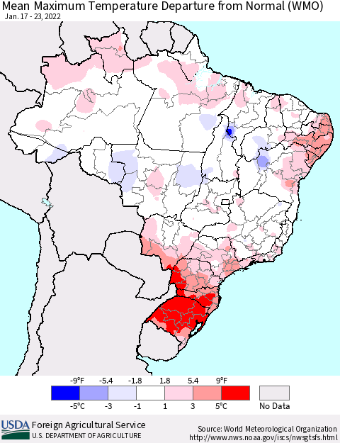 Brazil Mean Maximum Temperature Departure from Normal (WMO) Thematic Map For 1/17/2022 - 1/23/2022