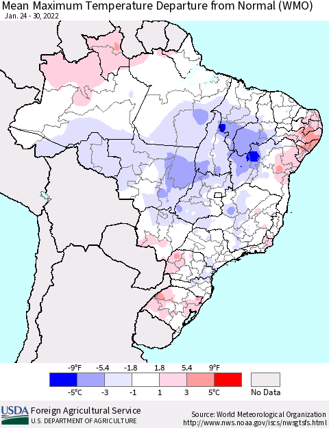 Brazil Mean Maximum Temperature Departure from Normal (WMO) Thematic Map For 1/24/2022 - 1/30/2022