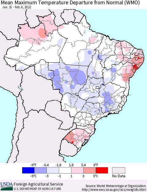 Brazil Mean Maximum Temperature Departure from Normal (WMO) Thematic Map For 1/31/2022 - 2/6/2022