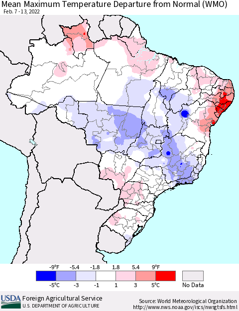 Brazil Mean Maximum Temperature Departure from Normal (WMO) Thematic Map For 2/7/2022 - 2/13/2022