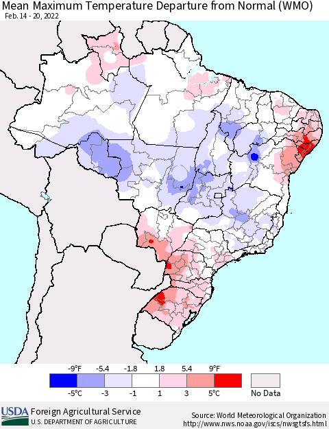 Brazil Mean Maximum Temperature Departure from Normal (WMO) Thematic Map For 2/14/2022 - 2/20/2022