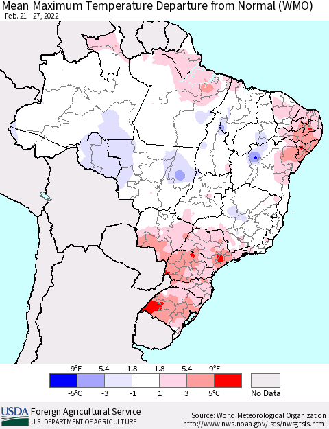 Brazil Mean Maximum Temperature Departure from Normal (WMO) Thematic Map For 2/21/2022 - 2/27/2022