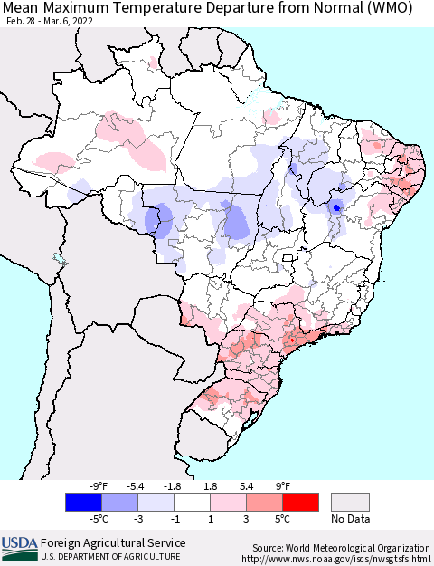 Brazil Mean Maximum Temperature Departure from Normal (WMO) Thematic Map For 2/28/2022 - 3/6/2022