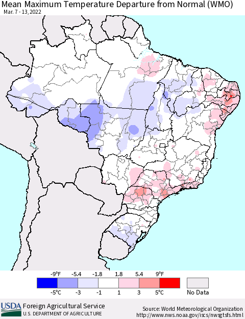 Brazil Mean Maximum Temperature Departure from Normal (WMO) Thematic Map For 3/7/2022 - 3/13/2022