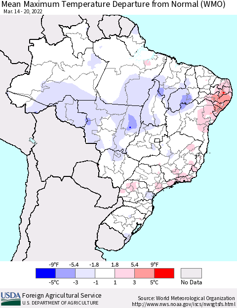 Brazil Mean Maximum Temperature Departure from Normal (WMO) Thematic Map For 3/14/2022 - 3/20/2022