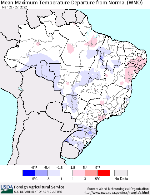 Brazil Mean Maximum Temperature Departure from Normal (WMO) Thematic Map For 3/21/2022 - 3/27/2022