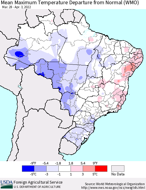 Brazil Mean Maximum Temperature Departure from Normal (WMO) Thematic Map For 3/28/2022 - 4/3/2022