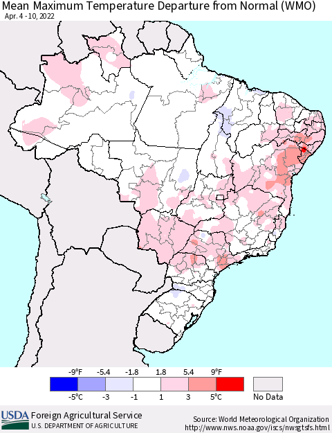 Brazil Mean Maximum Temperature Departure from Normal (WMO) Thematic Map For 4/4/2022 - 4/10/2022