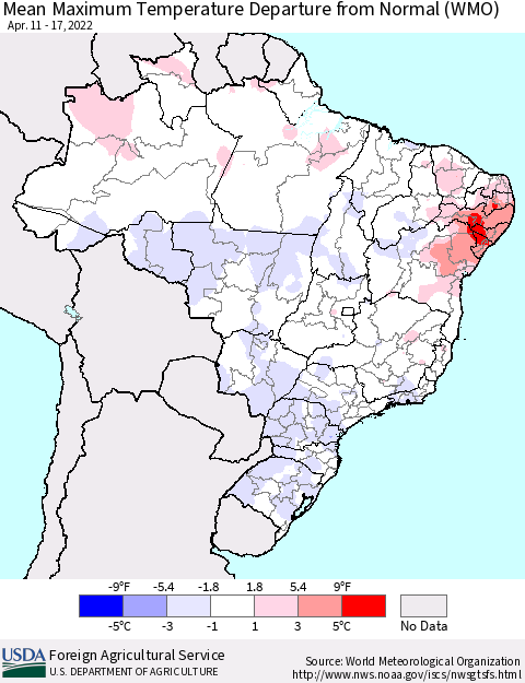 Brazil Mean Maximum Temperature Departure from Normal (WMO) Thematic Map For 4/11/2022 - 4/17/2022