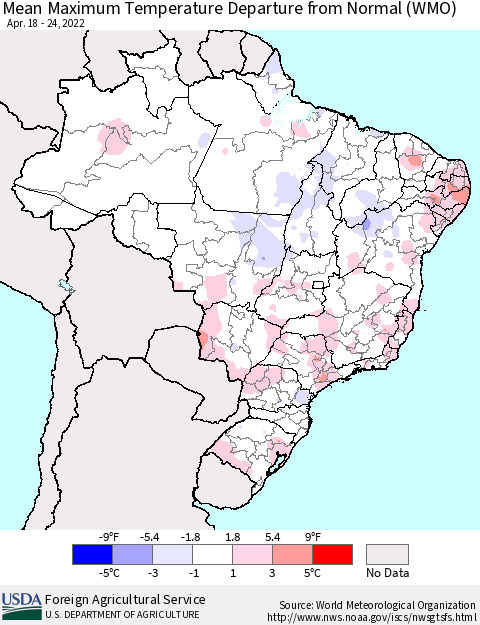 Brazil Mean Maximum Temperature Departure from Normal (WMO) Thematic Map For 4/18/2022 - 4/24/2022