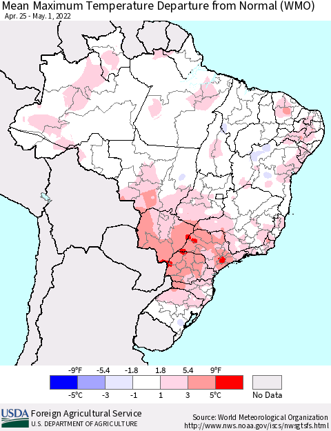Brazil Mean Maximum Temperature Departure from Normal (WMO) Thematic Map For 4/25/2022 - 5/1/2022