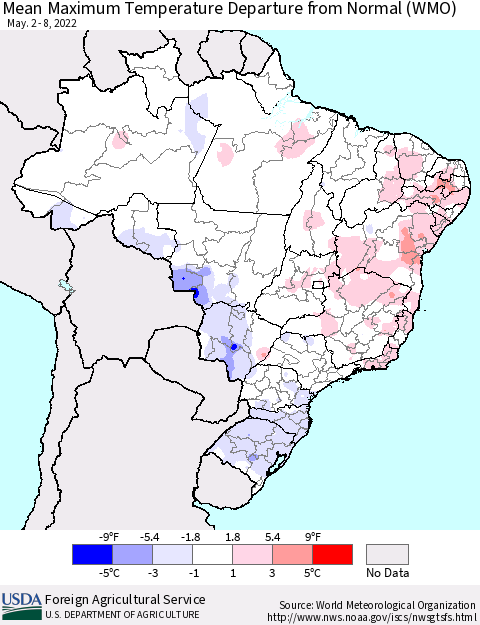 Brazil Mean Maximum Temperature Departure from Normal (WMO) Thematic Map For 5/2/2022 - 5/8/2022