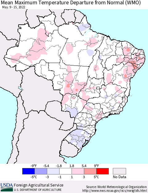 Brazil Mean Maximum Temperature Departure from Normal (WMO) Thematic Map For 5/9/2022 - 5/15/2022