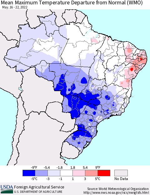 Brazil Mean Maximum Temperature Departure from Normal (WMO) Thematic Map For 5/16/2022 - 5/22/2022