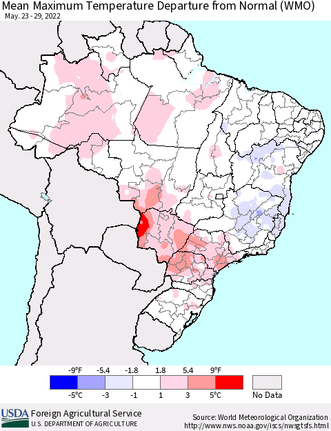 Brazil Mean Maximum Temperature Departure from Normal (WMO) Thematic Map For 5/23/2022 - 5/29/2022