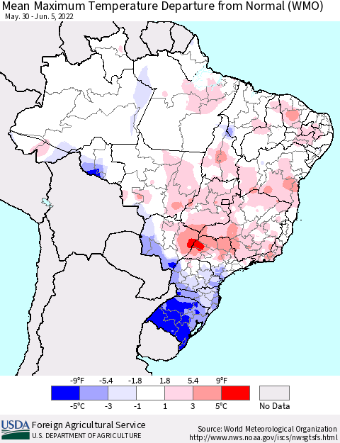 Brazil Mean Maximum Temperature Departure from Normal (WMO) Thematic Map For 5/30/2022 - 6/5/2022
