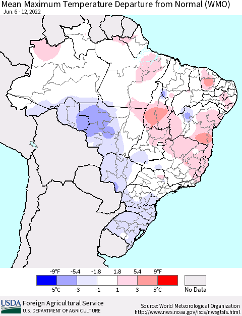 Brazil Mean Maximum Temperature Departure from Normal (WMO) Thematic Map For 6/6/2022 - 6/12/2022