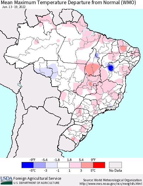 Brazil Mean Maximum Temperature Departure from Normal (WMO) Thematic Map For 6/13/2022 - 6/19/2022