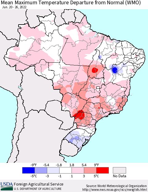 Brazil Mean Maximum Temperature Departure from Normal (WMO) Thematic Map For 6/20/2022 - 6/26/2022