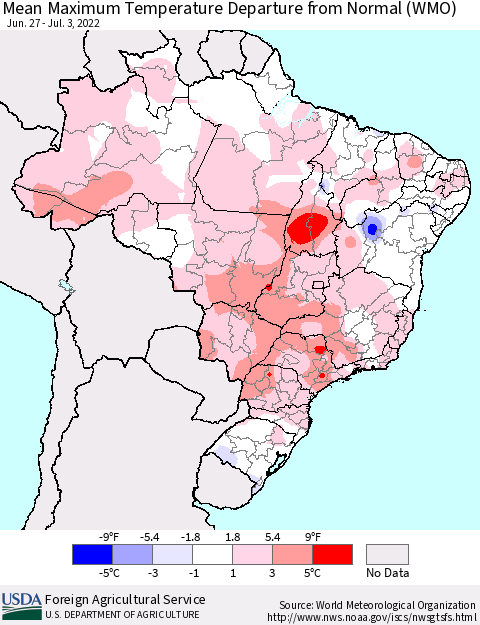 Brazil Mean Maximum Temperature Departure from Normal (WMO) Thematic Map For 6/27/2022 - 7/3/2022