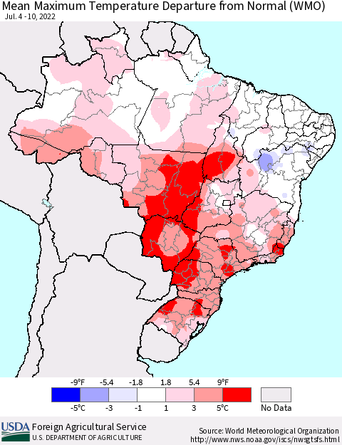 Brazil Mean Maximum Temperature Departure from Normal (WMO) Thematic Map For 7/4/2022 - 7/10/2022