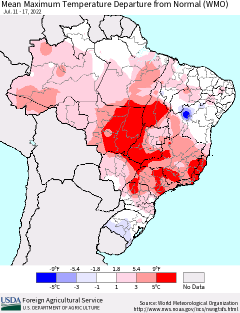 Brazil Mean Maximum Temperature Departure from Normal (WMO) Thematic Map For 7/11/2022 - 7/17/2022
