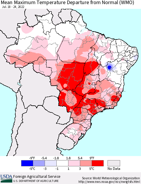 Brazil Mean Maximum Temperature Departure from Normal (WMO) Thematic Map For 7/18/2022 - 7/24/2022