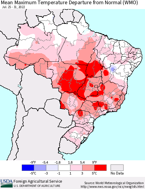 Brazil Mean Maximum Temperature Departure from Normal (WMO) Thematic Map For 7/25/2022 - 7/31/2022