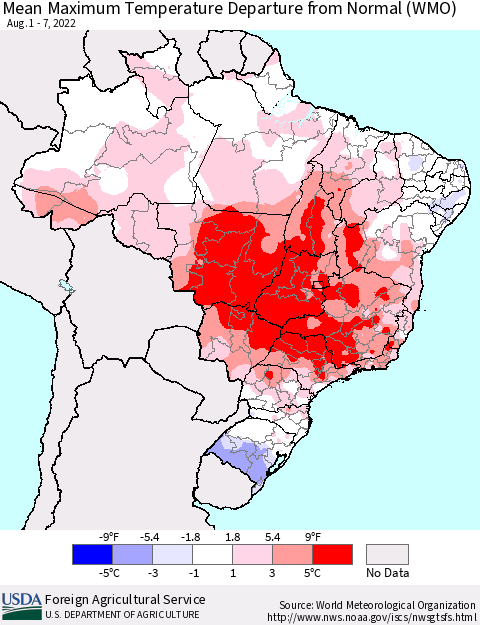 Brazil Mean Maximum Temperature Departure from Normal (WMO) Thematic Map For 8/1/2022 - 8/7/2022