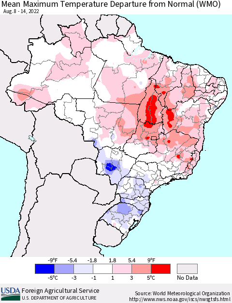 Brazil Mean Maximum Temperature Departure from Normal (WMO) Thematic Map For 8/8/2022 - 8/14/2022