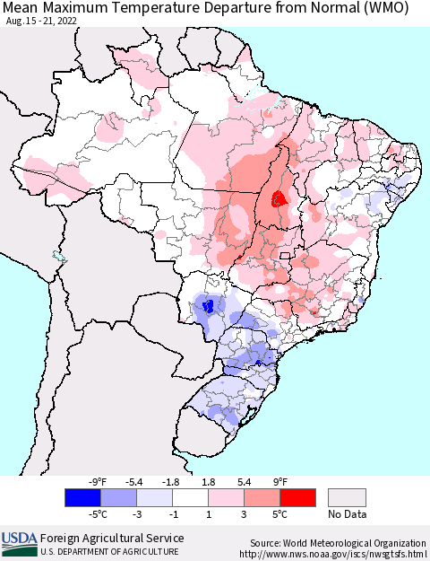 Brazil Mean Maximum Temperature Departure from Normal (WMO) Thematic Map For 8/15/2022 - 8/21/2022