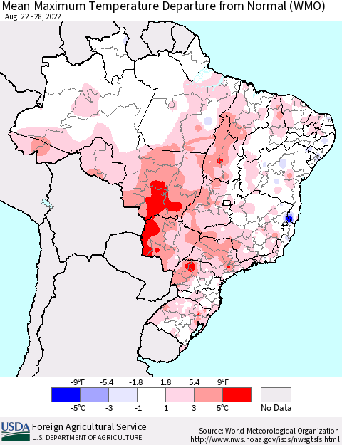Brazil Mean Maximum Temperature Departure from Normal (WMO) Thematic Map For 8/22/2022 - 8/28/2022