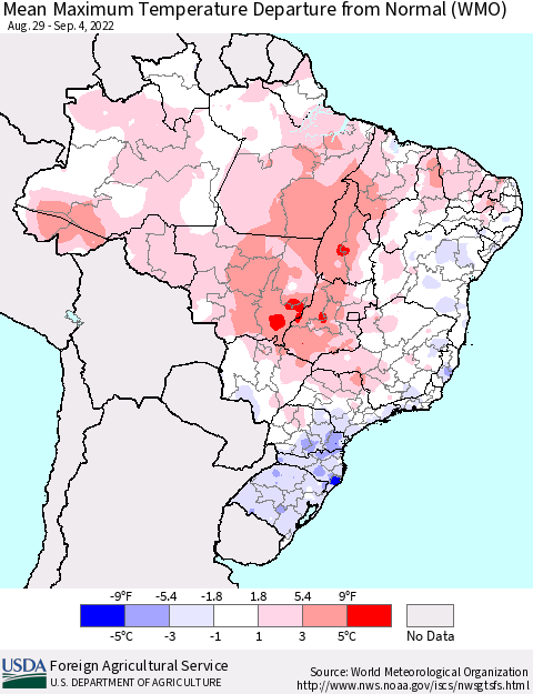 Brazil Mean Maximum Temperature Departure from Normal (WMO) Thematic Map For 8/29/2022 - 9/4/2022