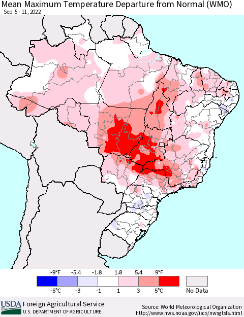 Brazil Mean Maximum Temperature Departure from Normal (WMO) Thematic Map For 9/5/2022 - 9/11/2022