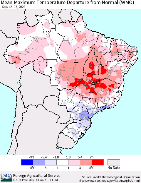 Brazil Mean Maximum Temperature Departure from Normal (WMO) Thematic Map For 9/12/2022 - 9/18/2022