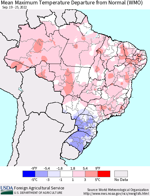 Brazil Mean Maximum Temperature Departure from Normal (WMO) Thematic Map For 9/19/2022 - 9/25/2022