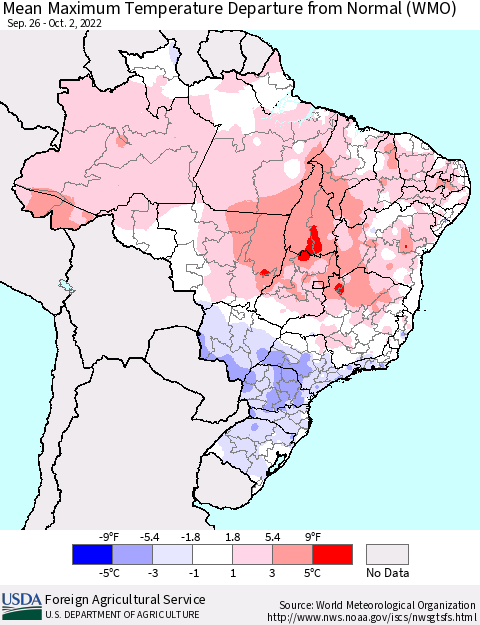 Brazil Mean Maximum Temperature Departure from Normal (WMO) Thematic Map For 9/26/2022 - 10/2/2022