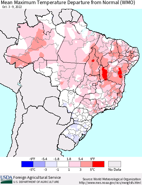 Brazil Mean Maximum Temperature Departure from Normal (WMO) Thematic Map For 10/3/2022 - 10/9/2022