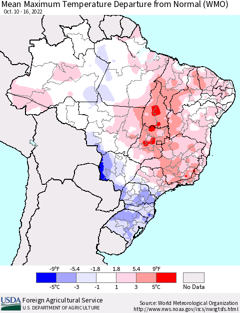 Brazil Mean Maximum Temperature Departure from Normal (WMO) Thematic Map For 10/10/2022 - 10/16/2022